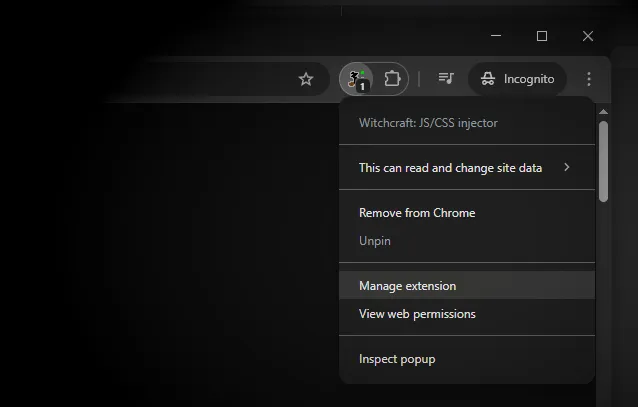 Witchcraft extension in Chrome toolbar