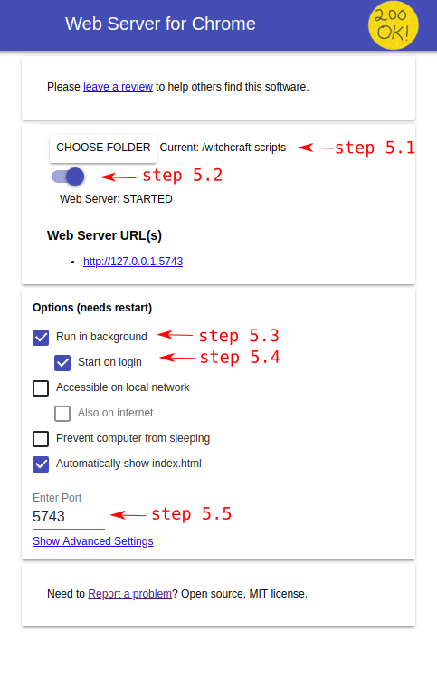 Web Server Chrome app configuration window